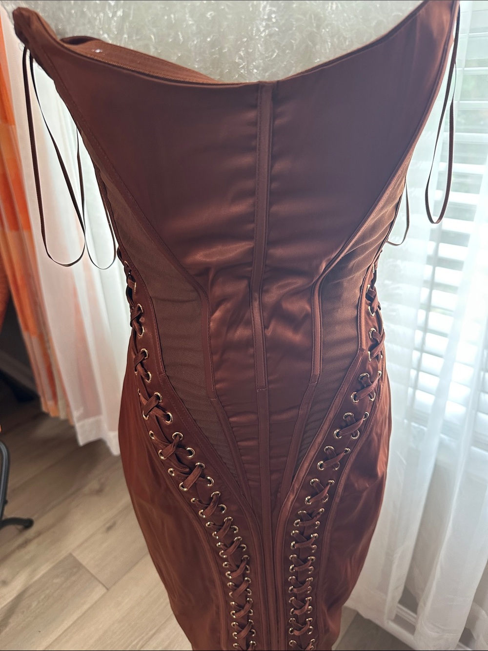 AKIRA Strapless Corset Satin Midi Dress in Chocolate Brown - Picture 10 of 10